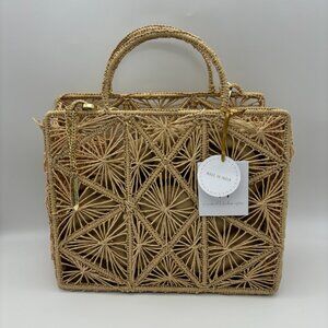 NWT House Of Harlow 1960 Hand Woven Raffia Hand Bag Purse Gold Crossbody Strap